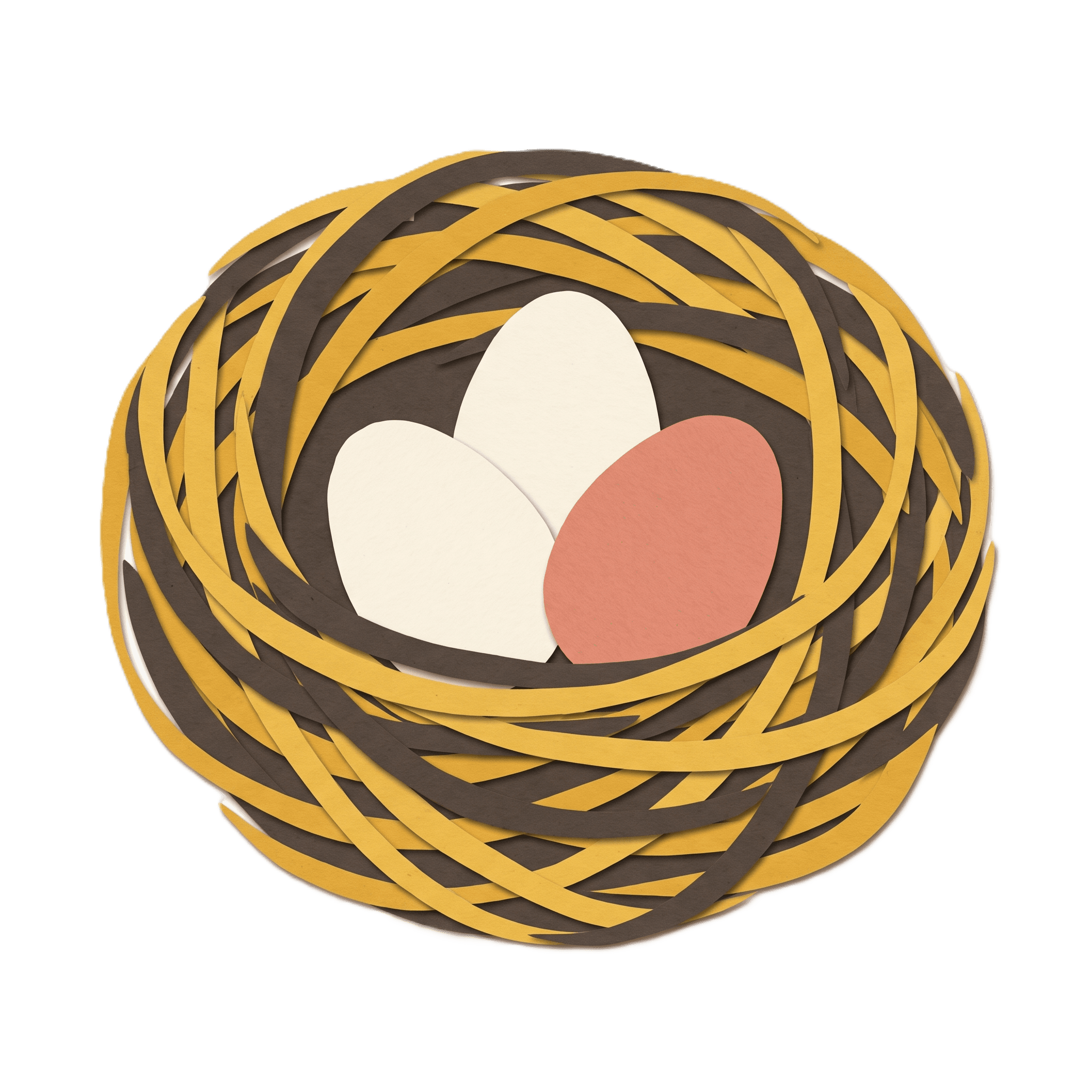 An illustrated bird's nest holding three eggs